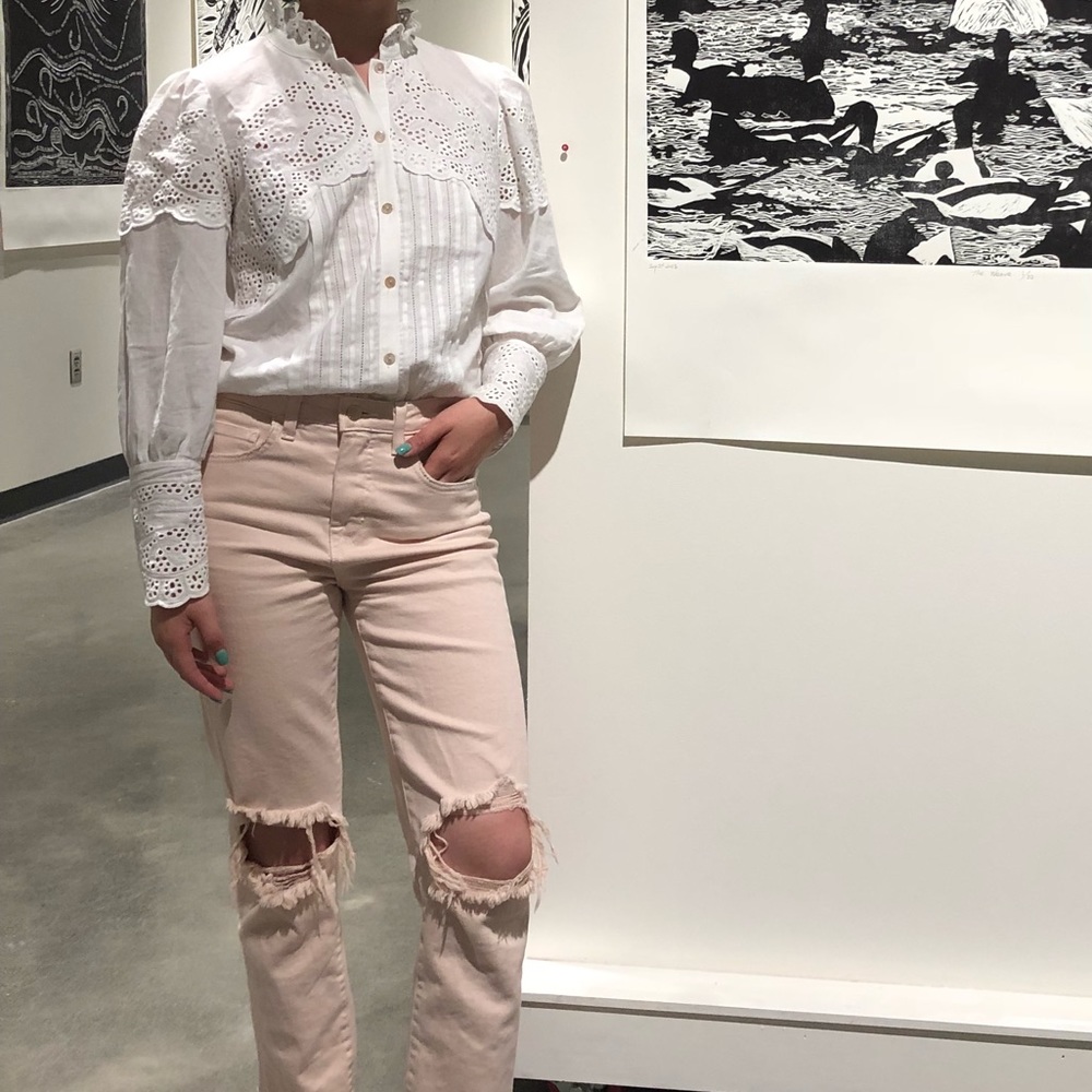 RebeccaTaylor pintuck cotton mock neck lace shirt
